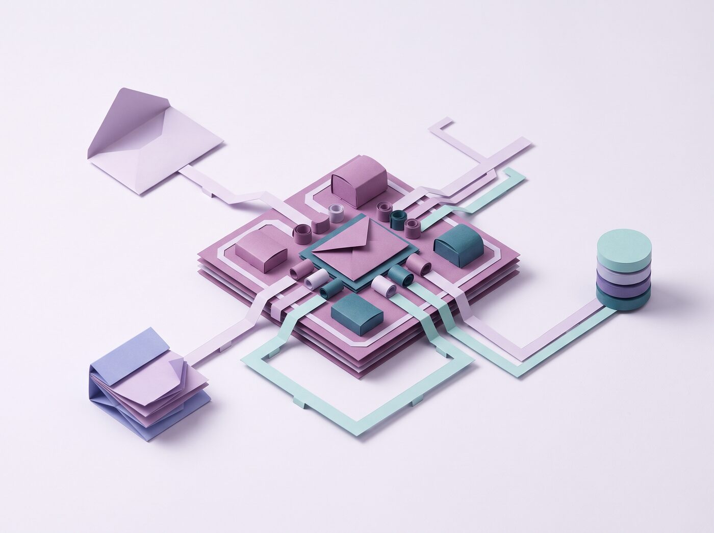A paper craft circuit board in mauve, with lilac and teal ribbon traces routing out to an envelope, a calendar and a database.