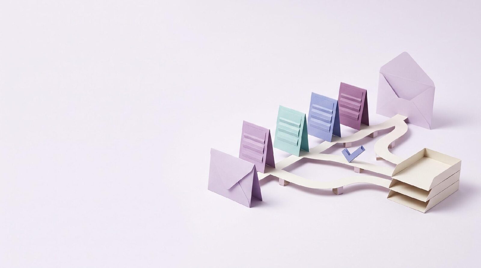 Paper envelopes and invoices folded in lilac, teal and periwinkle, travelling along a winding paper path into a stack of trays.